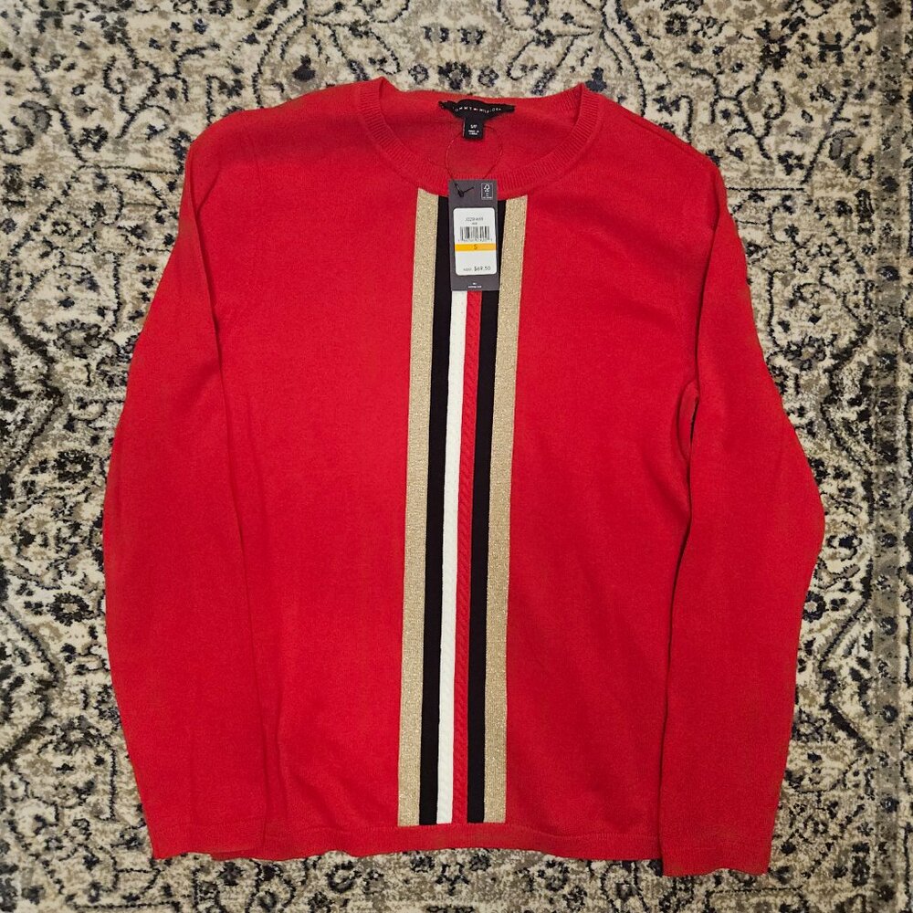 NWT Tommy Hilfiger Cotton Knit Stripe Sweater Red Womens S Preppy Quiet Luxury